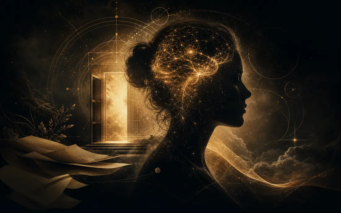 A symbolic black and gold image of the human psyche, inner patterns, and a doorway of awareness