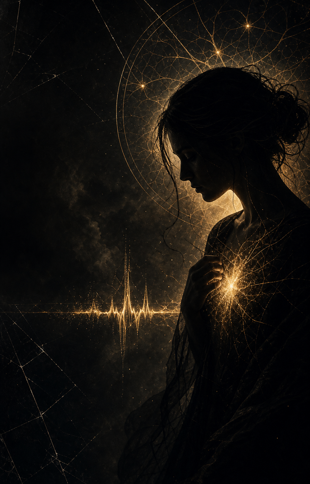 A dark cinematic silhouette with golden nervous system light, symbolizing emotional intensity addiction.