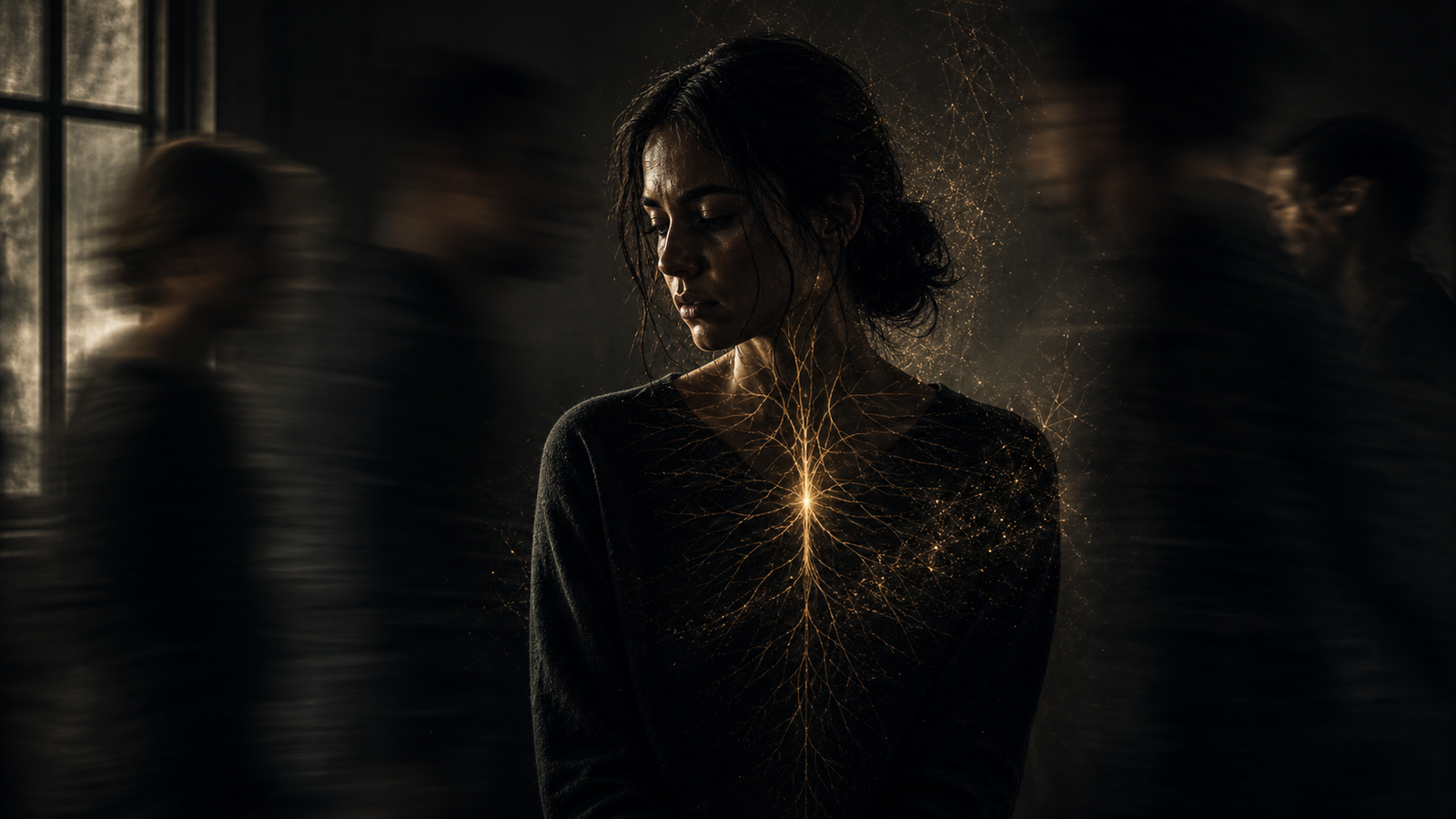 Dark cinematic image of a woman frozen in time with golden nervous system textures, representing the trauma freeze response.
