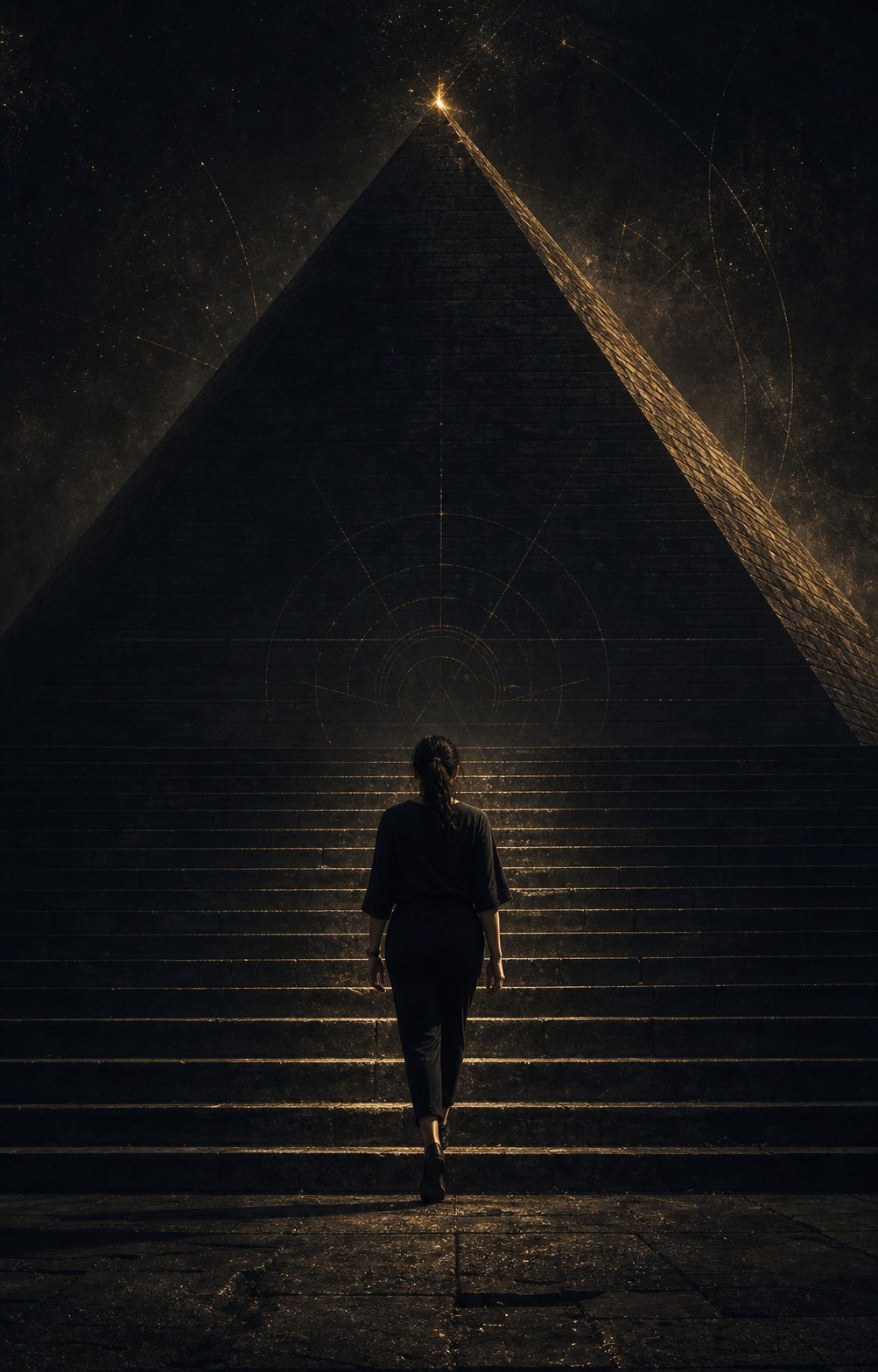 Dark cinematic image of a woman climbing a pyramid, symbolizing hidden psychological needs and unconscious motivation.