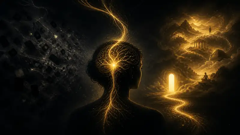 Cinematic golden silhouette showing the subconscious mind shaping attention, decisions, and future possibilities