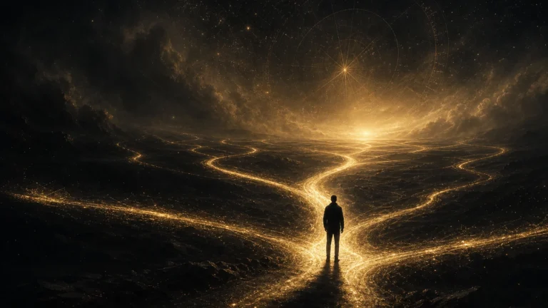 A lone figure facing branching golden roads under a cosmic sky, representing timelines and free will.