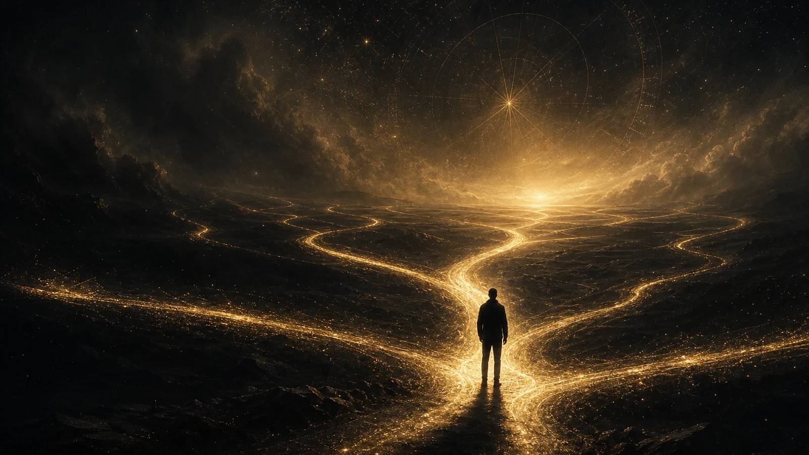 A lone figure facing branching golden roads under a cosmic sky, representing timelines and free will.