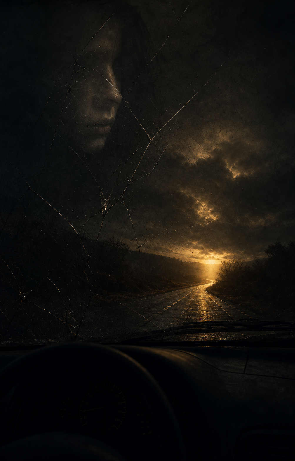 Dark cinematic road through cracked glass representing victim mentality, learned helplessness, and reclaiming personal agency.