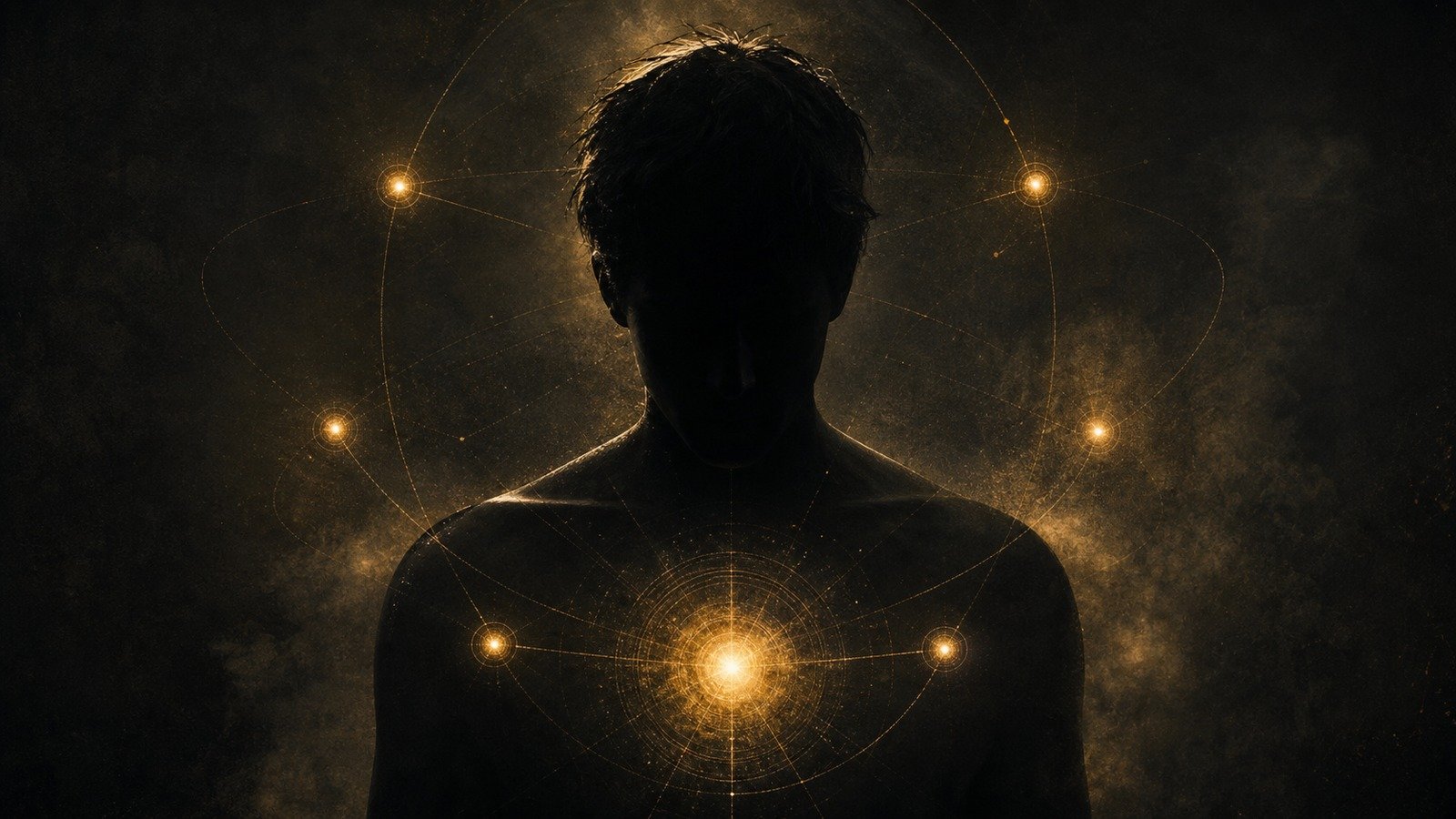 Dark cinematic silhouette with six golden psychological nodes around the body, representing the hidden need beneath human behavior.