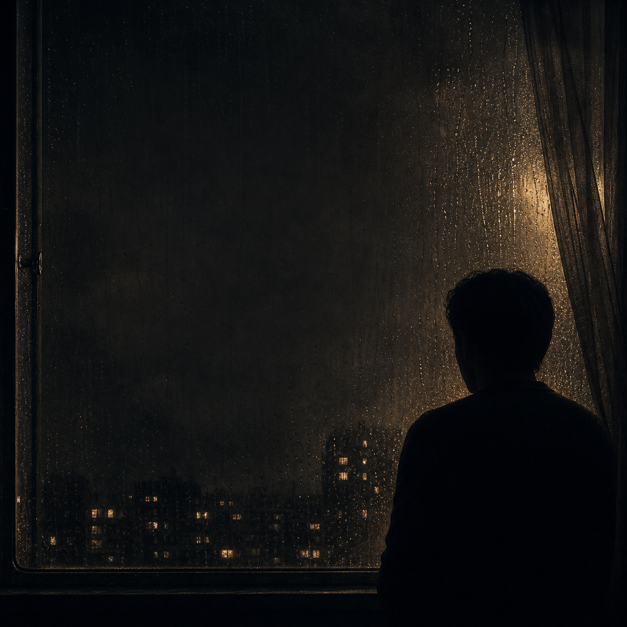 A lonely person sitting by a rainy window at night, looking over city lights, representing modern loneliness and emotional isolation.